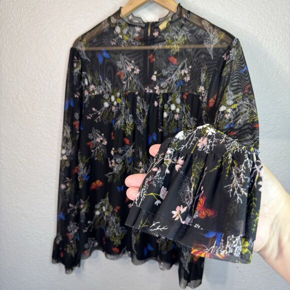 Babydoll Top L Petite Black Sheer Butterfly Stretch Flowy Y2K Goth Fairy Witchy - Picture 2 of 8